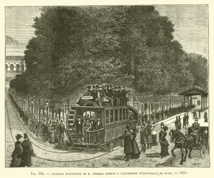 Elektrische tram van M. Werner Siemens op de Elektriciteitstentoonstelling van Parijs, 1881